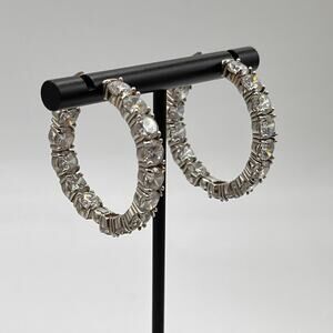 SD Signed Sterling Silver CZ In & Out Huggie Hinged Hoop‎ Round Earrings